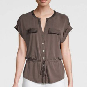 New WHBM Sandwash Utility Top SOFT blouse Washed Espresso Brown Medium Med M